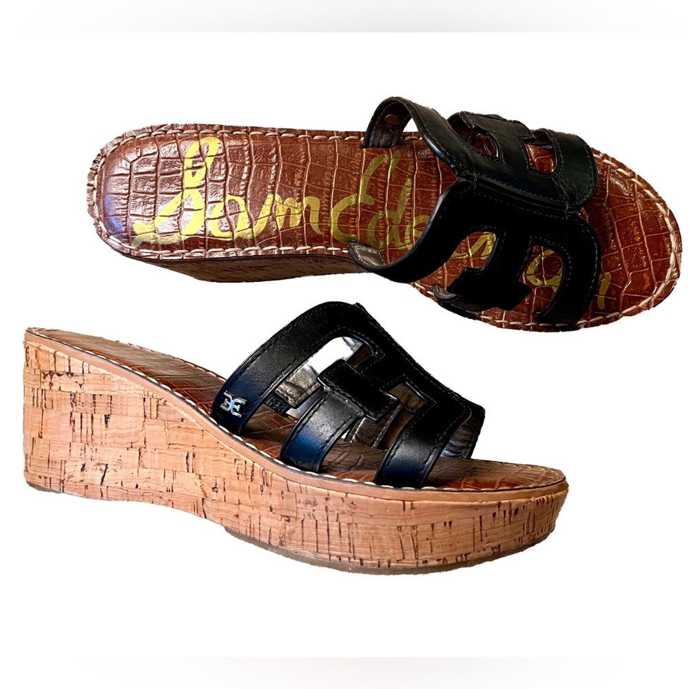 Sam Edelman Black Wedge Sandals Platform Cork Heeled Shoe Open Toe Brown Heels